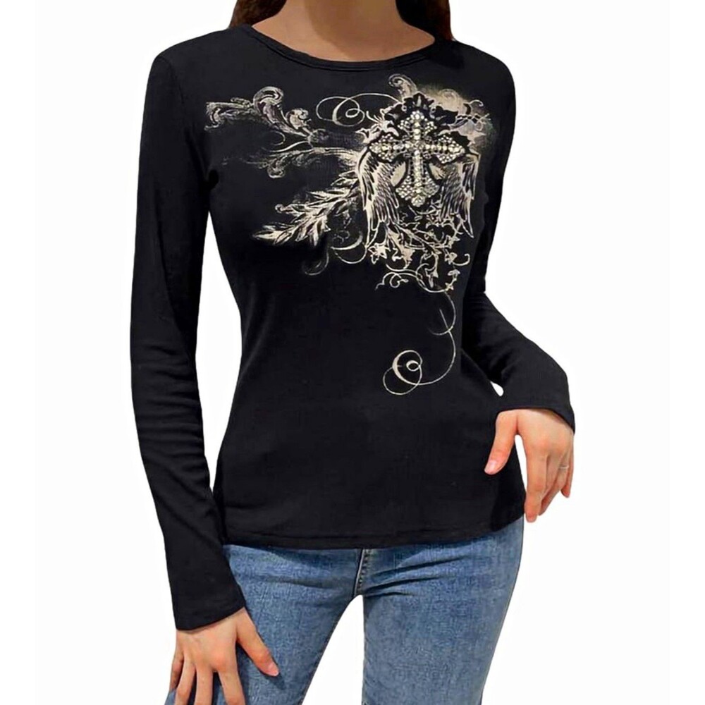 Earth Yoga Womens Black V-Neck Long Sleeve Graphic Knit T-Shirt Sz M Organic